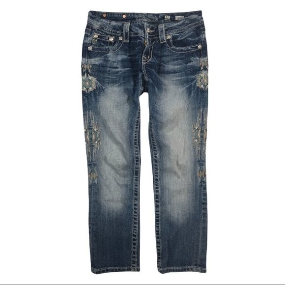 WJ401 Women’s Miss Me Designer Embellished Cropped Denim Rhinestone Jeans 26 - Picture 1 of 10